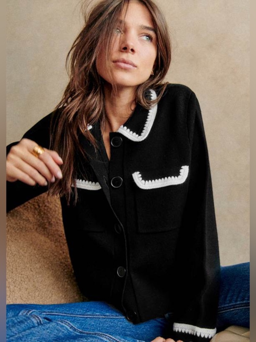 Women's Sezane Betty Cardigan in Black and Ecru Crochet size Medium 100% Merino - Picture 2 of 11